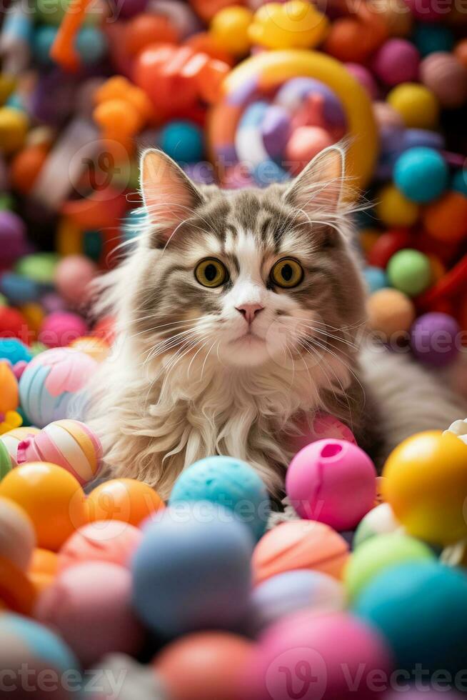 A close-up of a furious cat surrounded by scattered toys against a vibrant gradient background photo