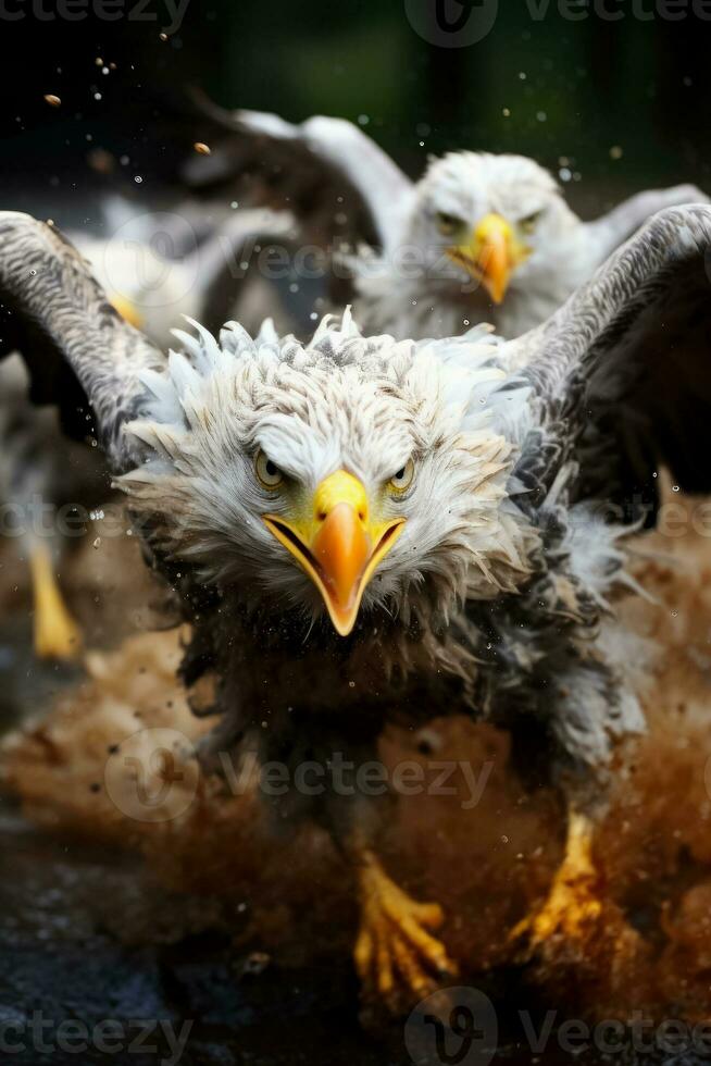 A group of determined birds aggressively swoop down on a predator fiercely defending their nests in the wilderness photo