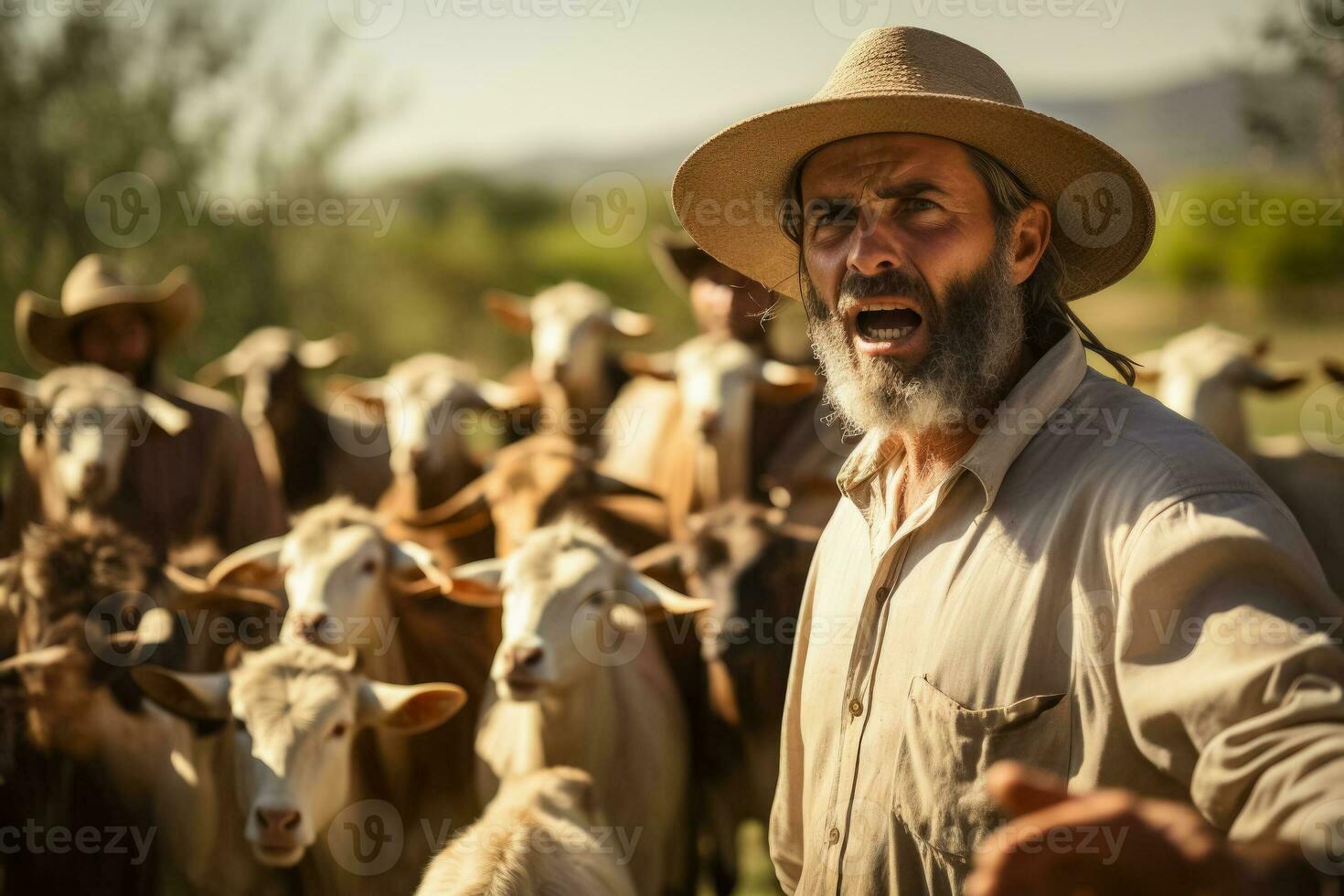Angry farmers confront a group of stubborn goats in a barnyard with a scenic countryside background and open space for text photo