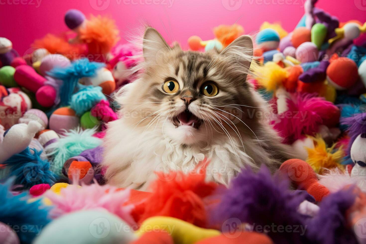 A close-up of a furious cat surrounded by scattered toys against a vibrant gradient background photo