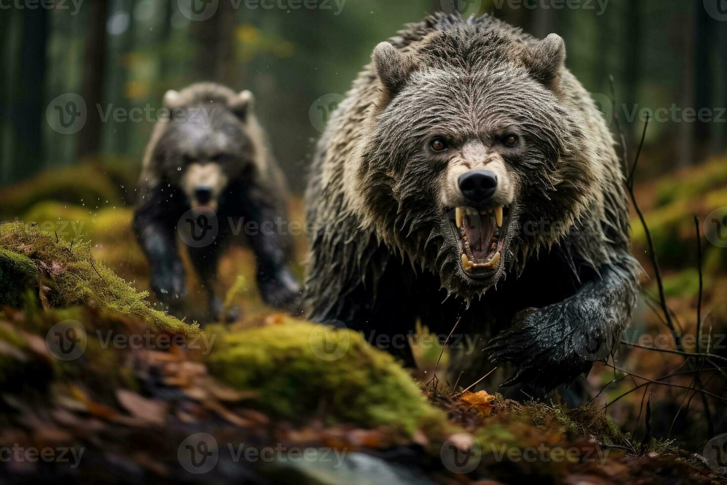 A snarling wolf confronts a protective mother bear showcasing the intense rivalry for food and territory in the wilderness photo