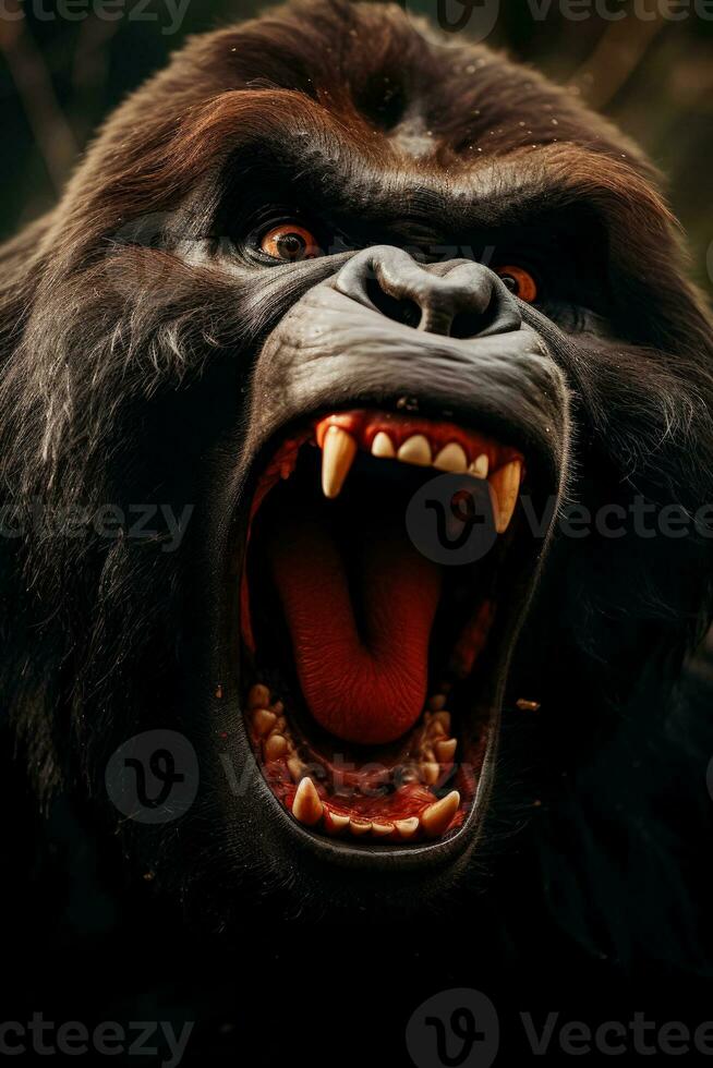 A close-up of an enraged gorilla baring its teeth and displaying dominant aggression in the wild photo