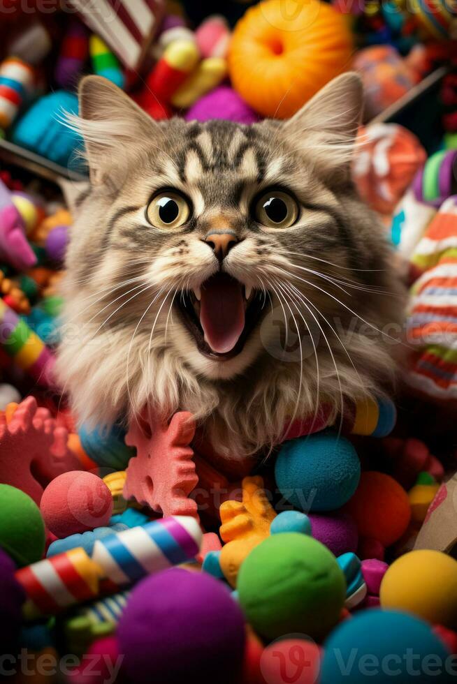 A close-up of a furious cat surrounded by scattered toys against a vibrant gradient background photo