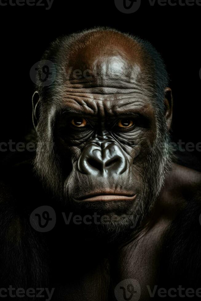 A close-up photo of a fierce and intense gorilla staring into the distance background with empty space for text