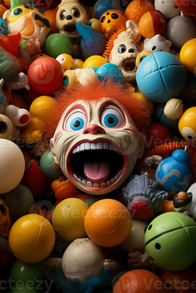 A chaotic playground with scattered toys background with empty space for text showcasing frustrated children expressing their anger photo