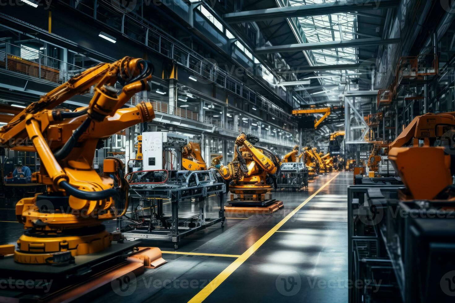 A chaotic factory floor showing malfunctioning robotic machines with an industrial backdrop providing empty space for text photo