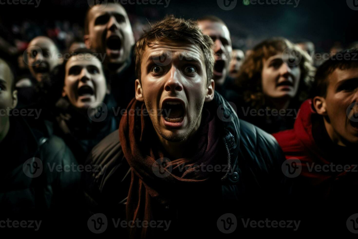 A crowd of furious fans at a soccer game their intense expressions highlighted against a background with empty space for text photo