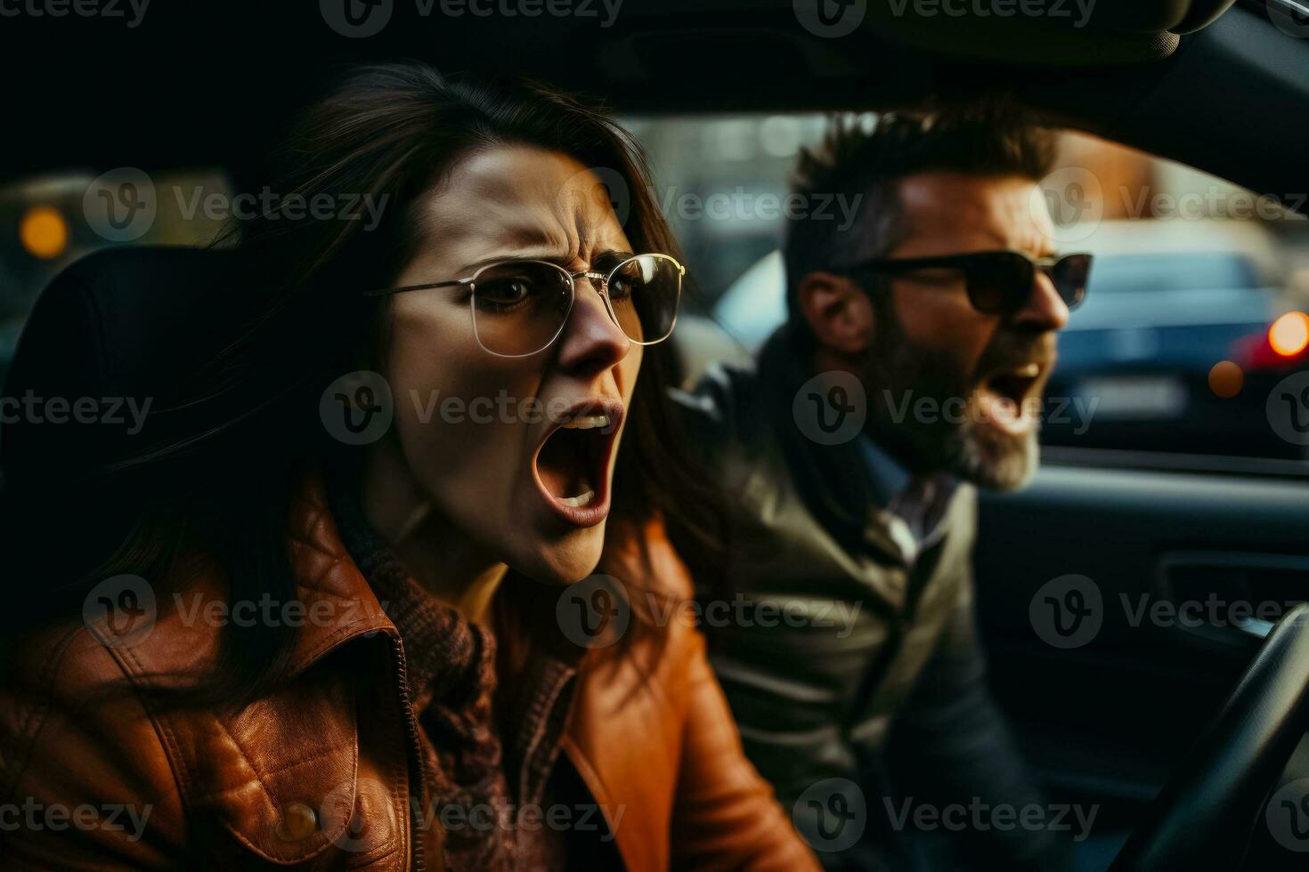 A woman and a man glaring at each other from their car windows in a heated traffic altercation photo