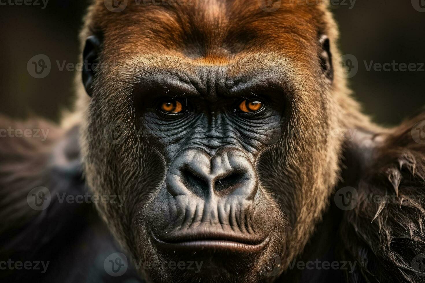 A close-up photo of a fierce and intense gorilla staring into the distance background with empty space for text