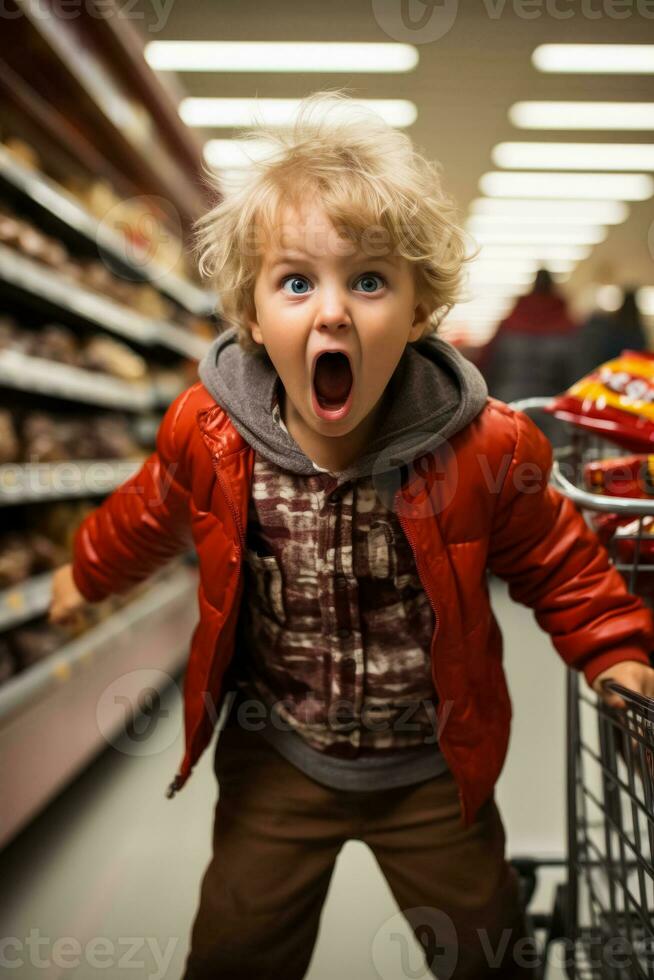 A child screams and stomps their feet in a crowded supermarket aisle frustrated over a denied candy request photo