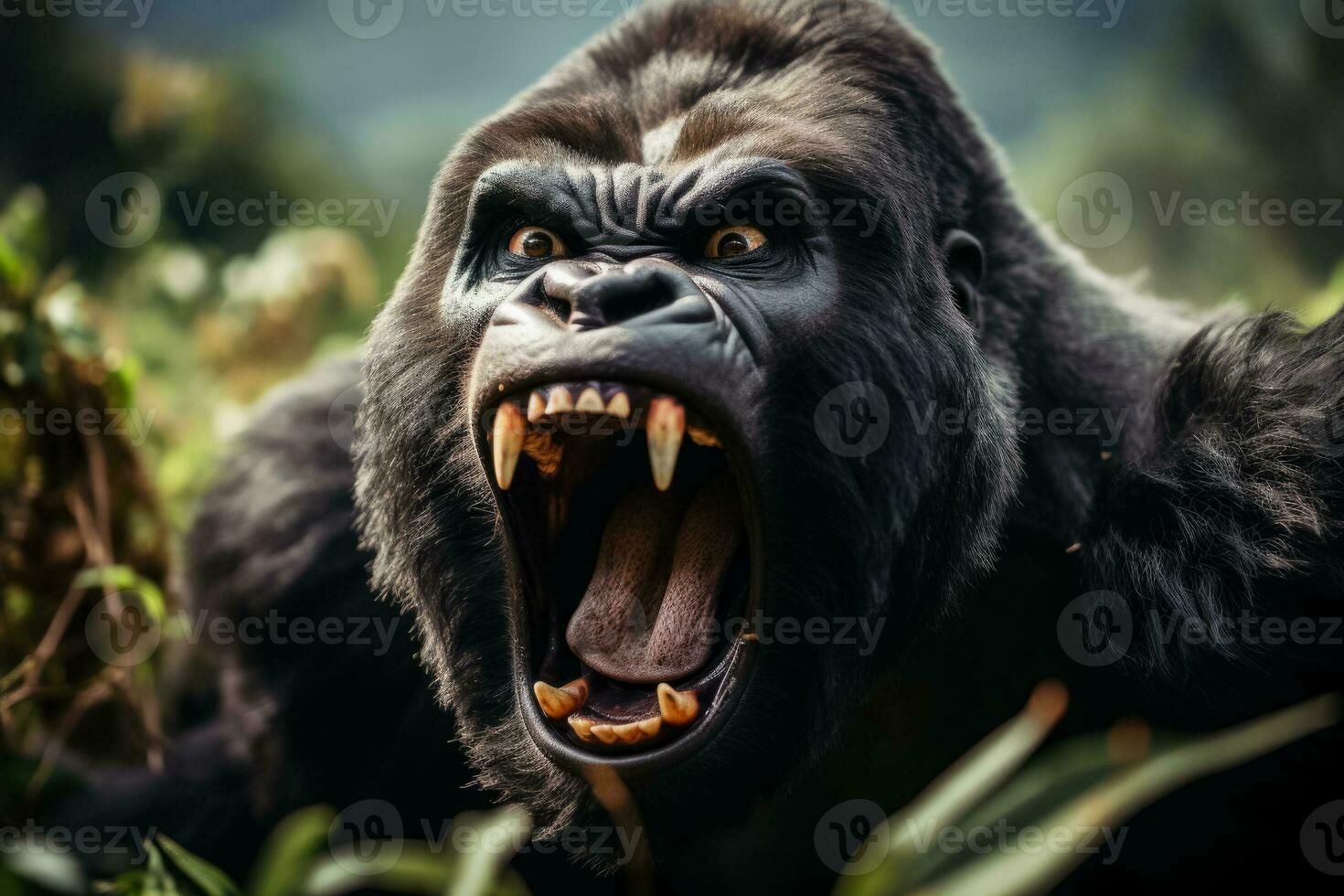 A close-up photo of a wild snarling gorilla with piercing eyes against a lush jungle background providing empty space for text