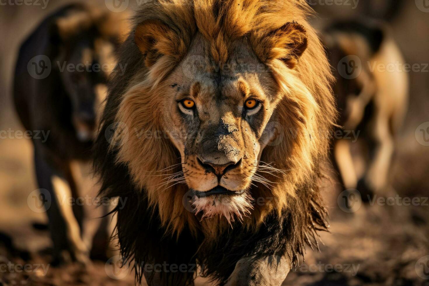 A fierce stare-down between a territorial male lion and a pack of hyenas fighting for a freshly killed wildebeest carcass photo
