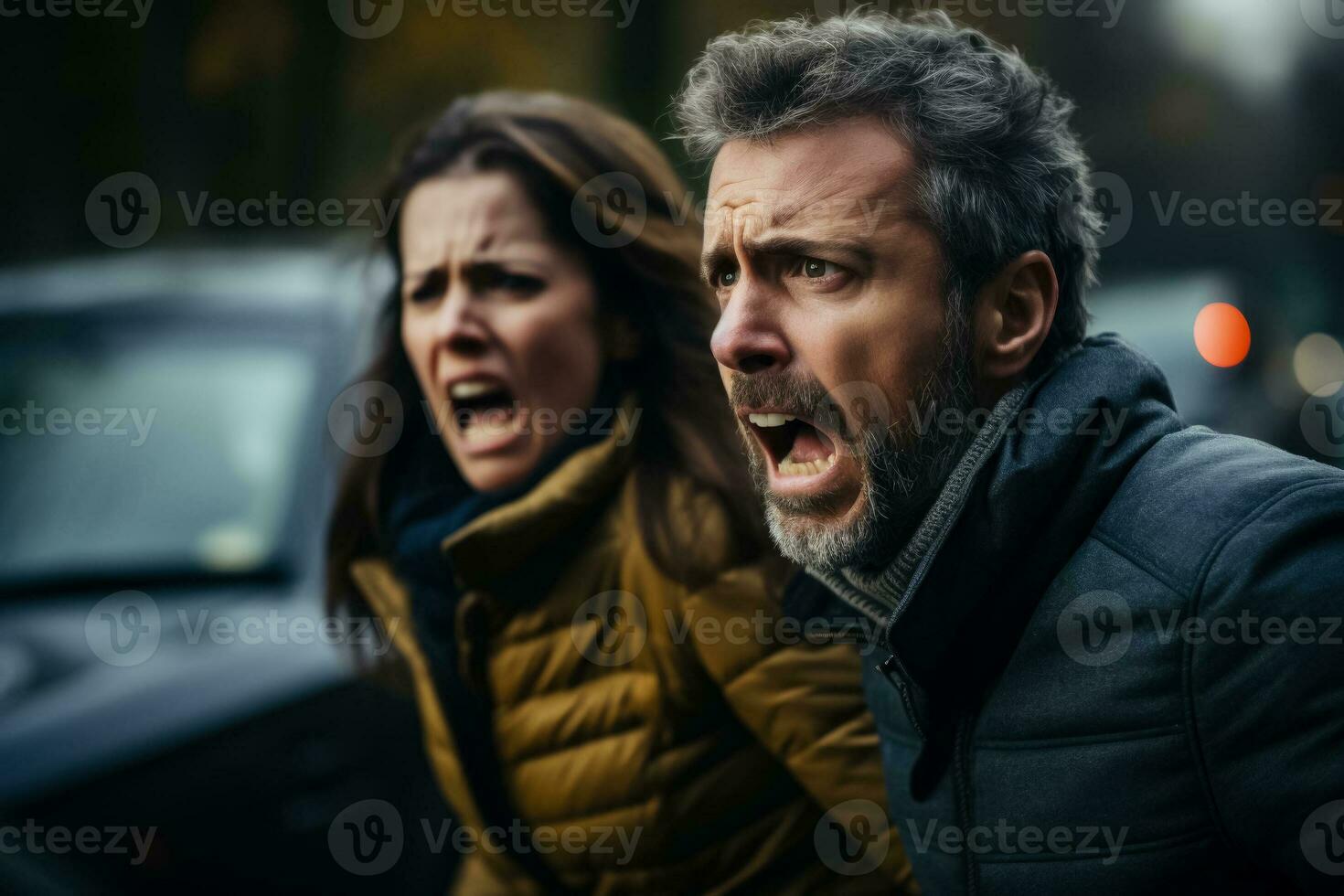 A furious man yells from his car while a woman reacts with wide-eyed frustration in a traffic jam photo