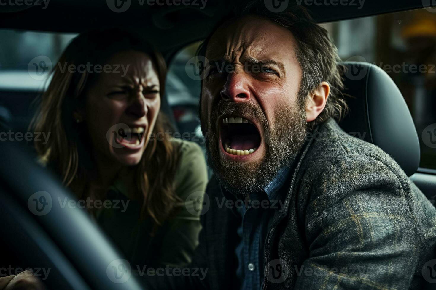 A furious man yells from his car while a woman reacts with wide-eyed frustration in a traffic jam photo