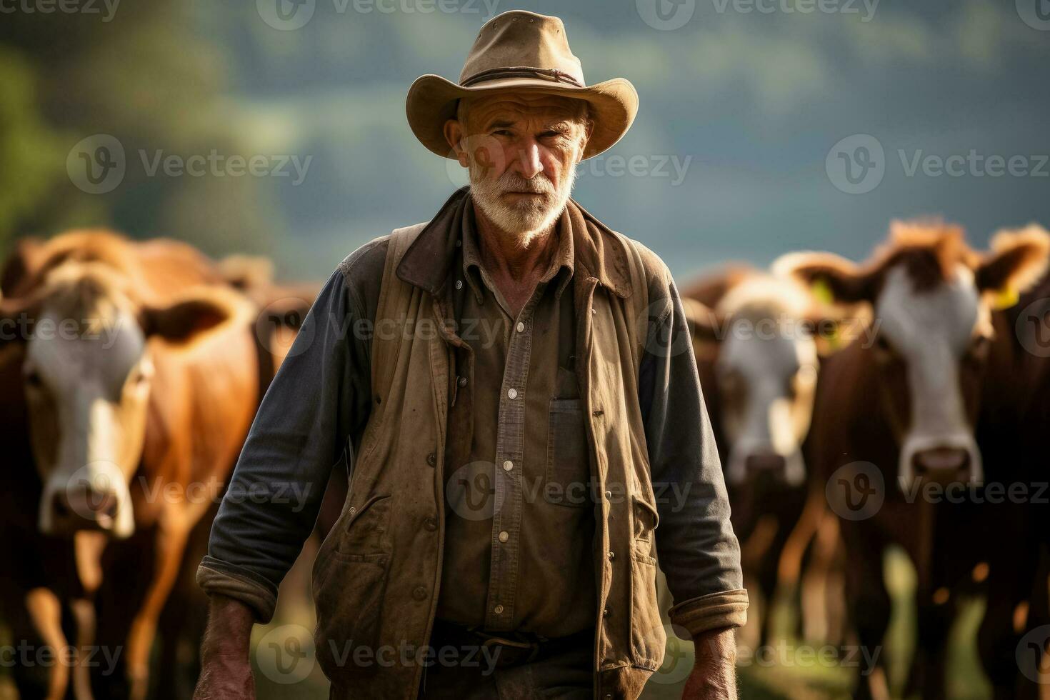 Frustrated farmer pulls on stubborn cows leash as other livestock peers on oblivious to his exasperation photo