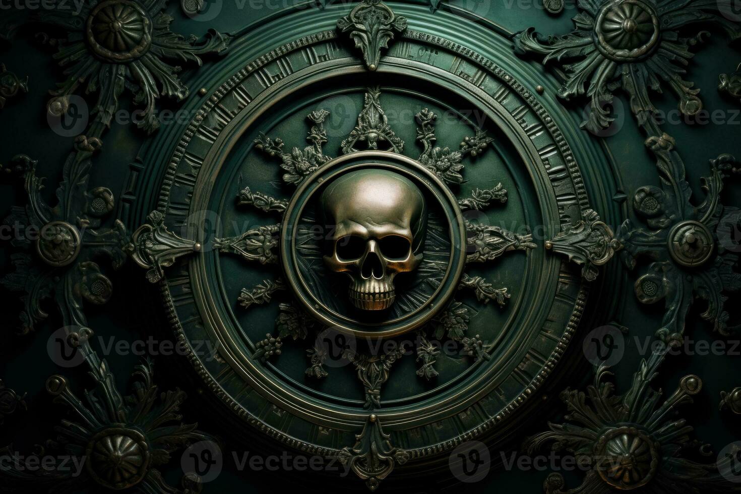 A menacing skull and crossbones carved in low relief on a dark green background offering room for captivating text photo