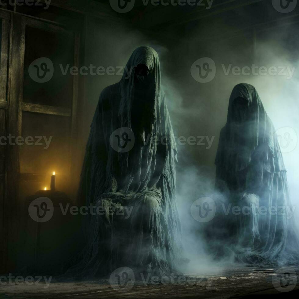fantasmal apariciones surgir desde el oscuridad su etéreo resplandor esclarecedor un tenuemente iluminado habitación con un misterioso fumar efecto foto
