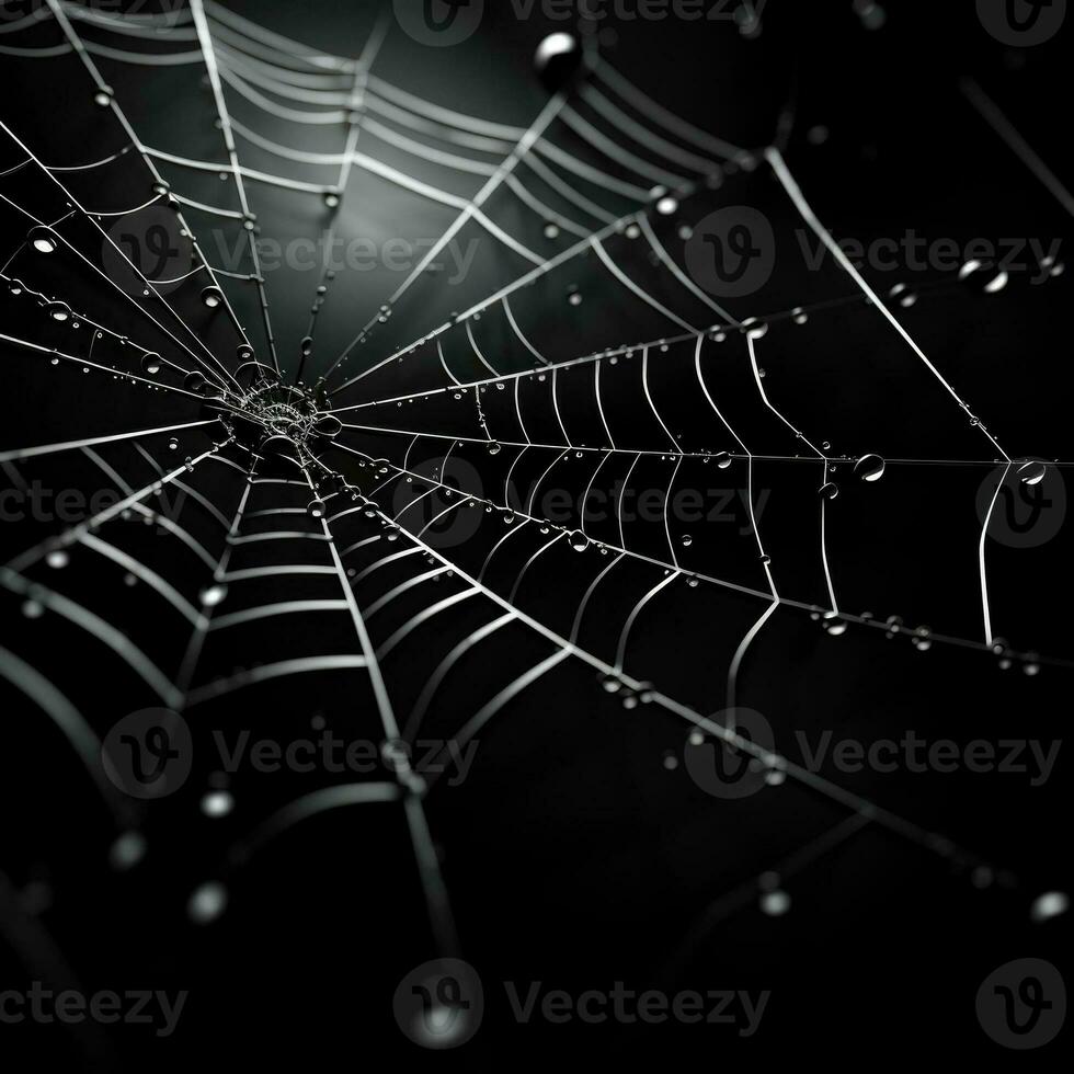 A close-up shot of an intricate spider web design in low relief on a dark monochrome background providing ample empty space for text photo