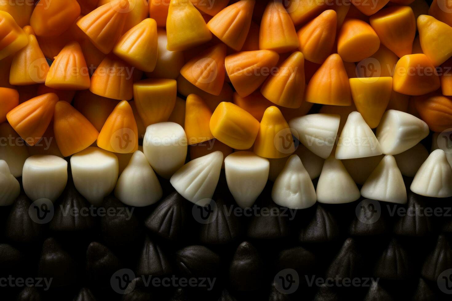 A close-up shot of candy corn patterns in low relief on a black gradient background with empty space for text photo