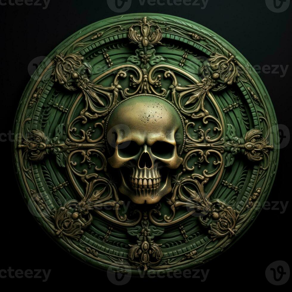 A menacing skull and crossbones carved in low relief on a dark green background offering room for captivating text photo