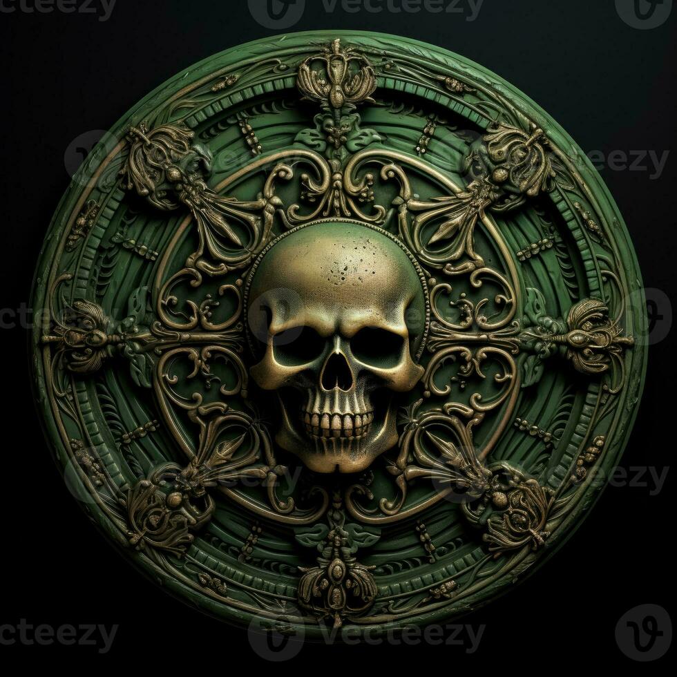 A menacing skull and crossbones carved in low relief on a dark green background offering room for captivating text photo