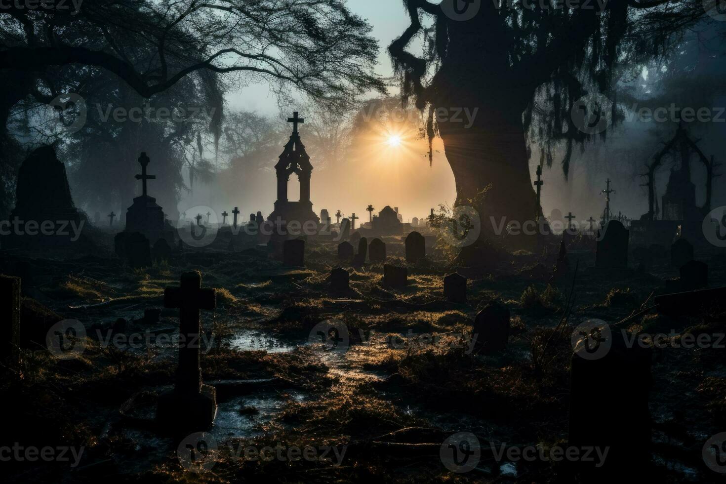 A haunting graveyard scene emerges from the mist as tombstones stand sentinel amidst the eerie gloom photo
