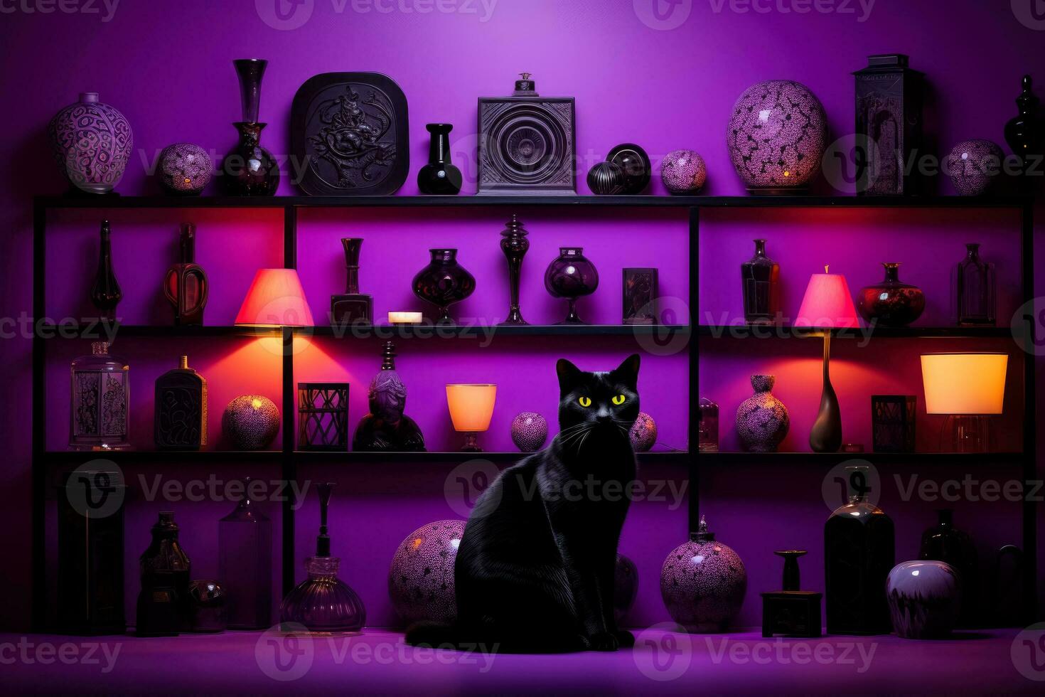 Elegant black cat silhouettes grace a deep purple background capturing
