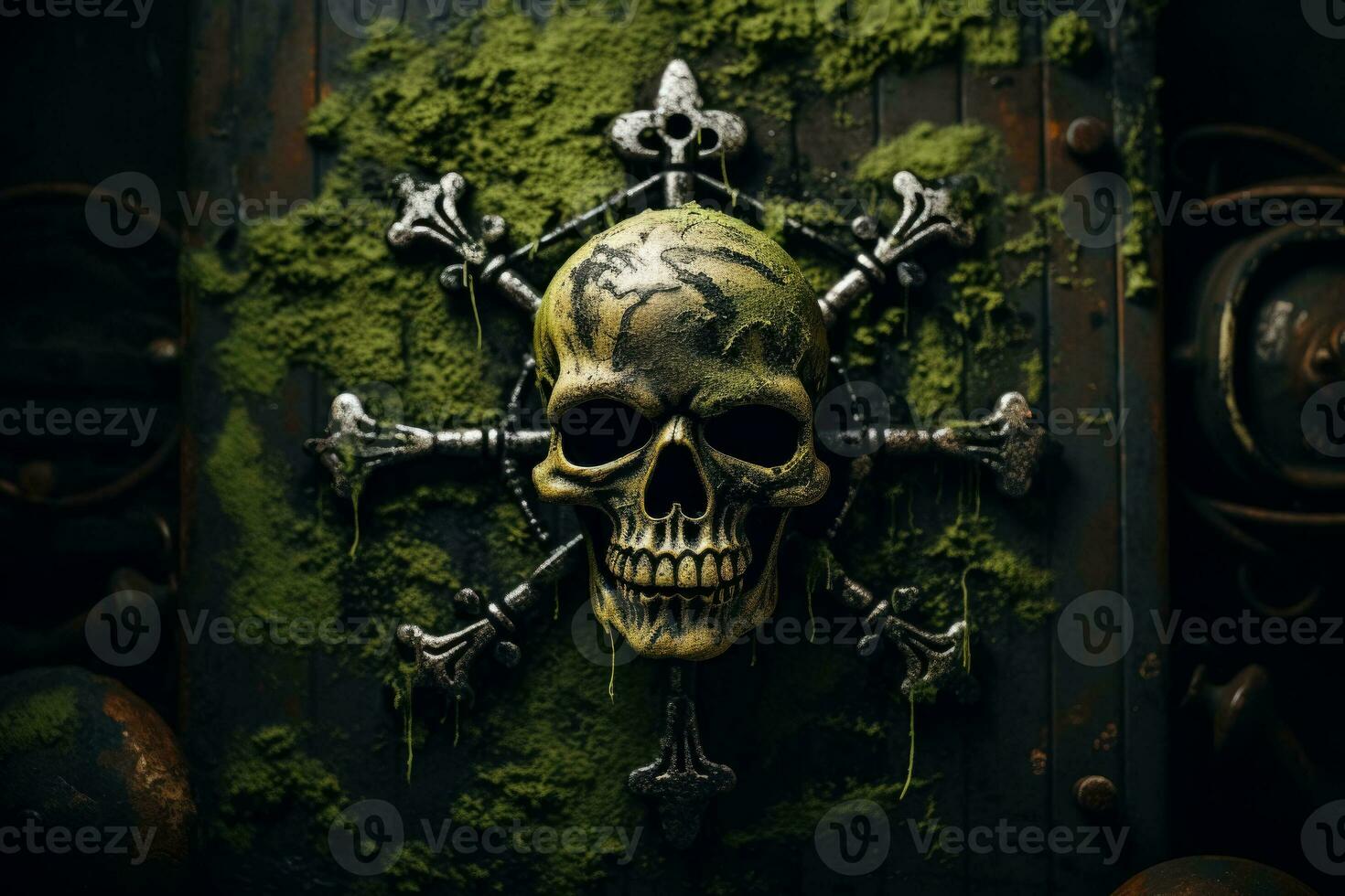 A menacing skull and crossbones emerge from a weathered green backdrop symbolizing danger and adventure photo