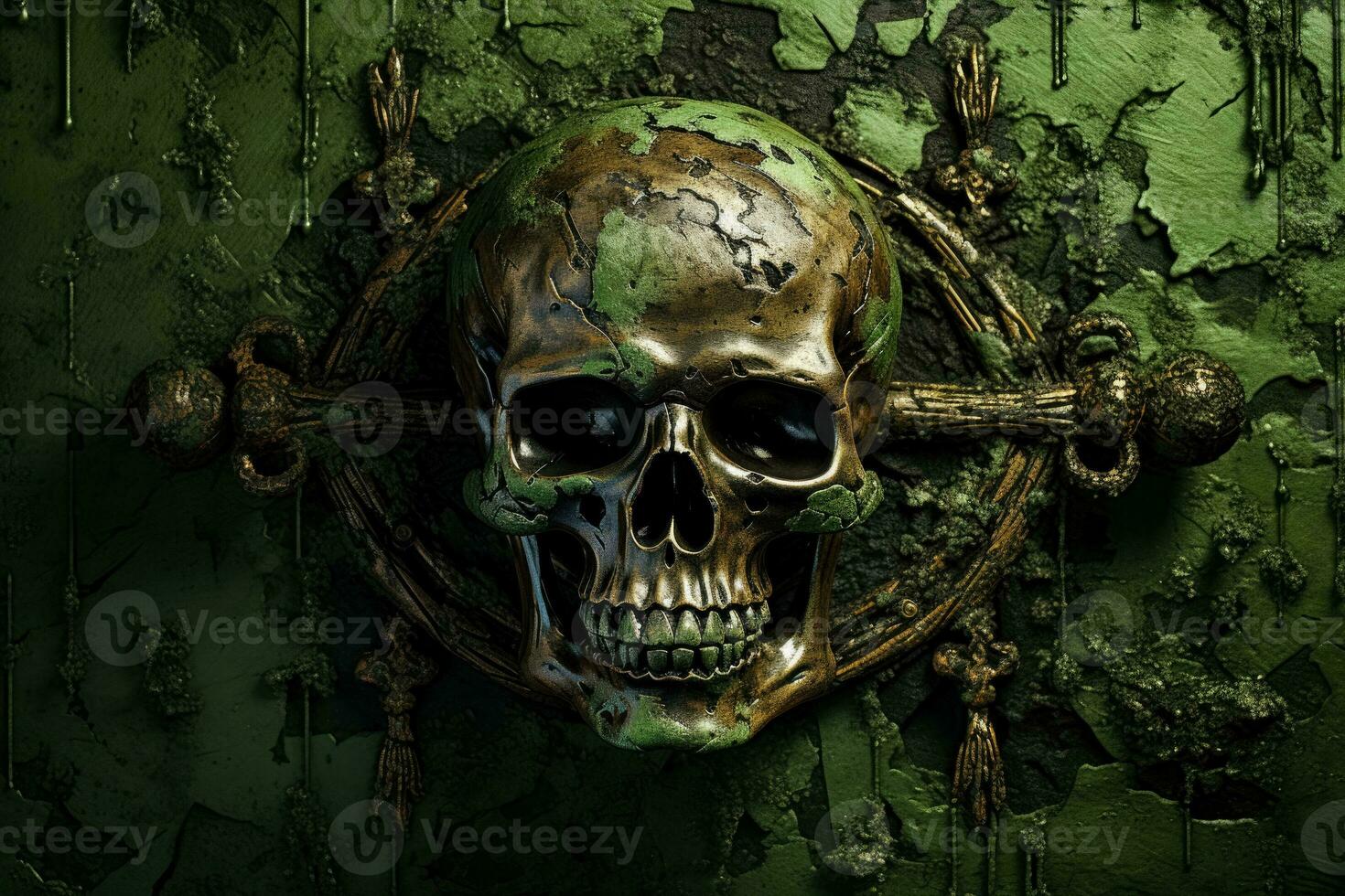 A menacing skull and crossbones emerge from a weathered green backdrop symbolizing danger and adventure photo