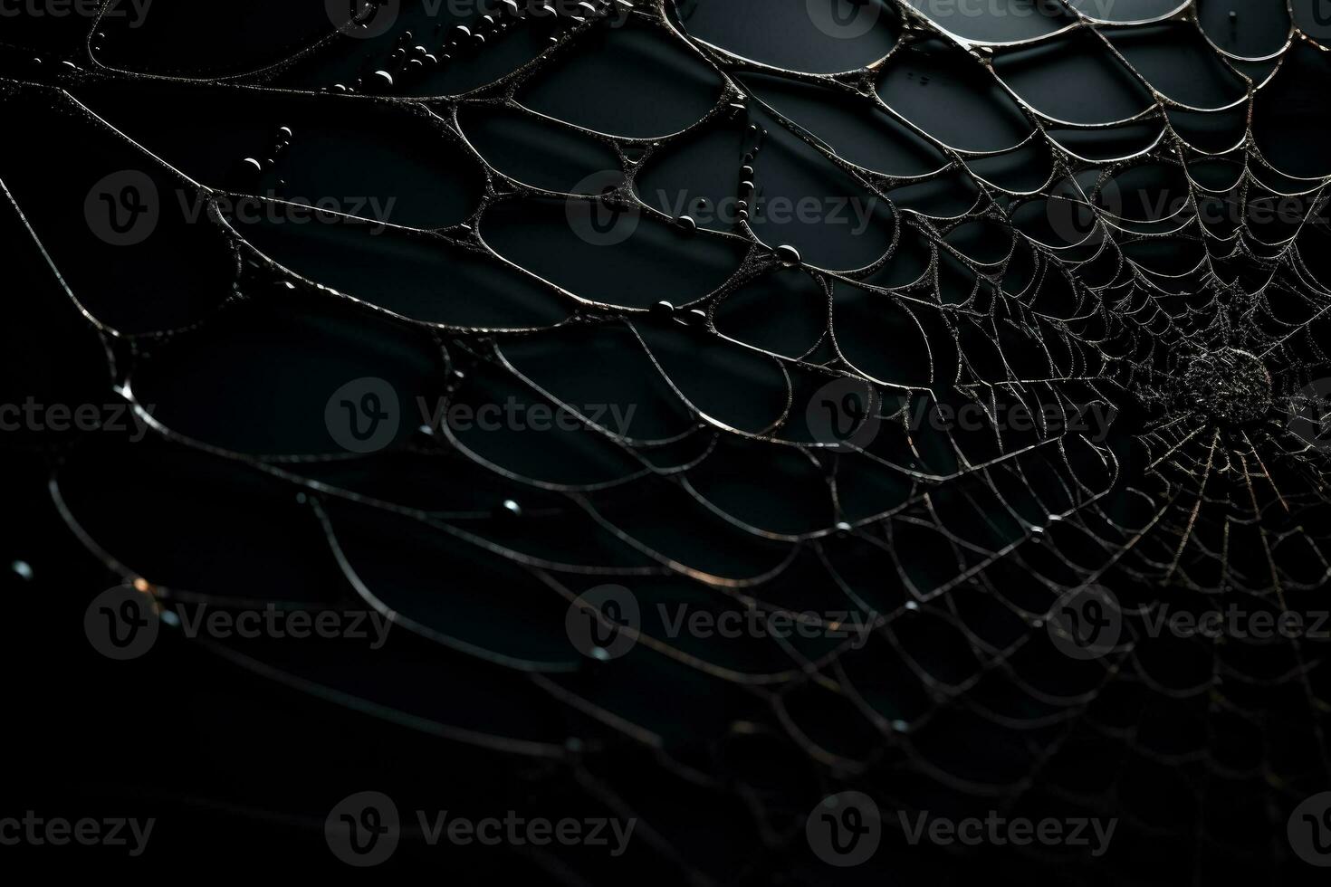 A close-up shot of an intricate spider web design in low relief on a dark monochrome background providing ample empty space for text photo