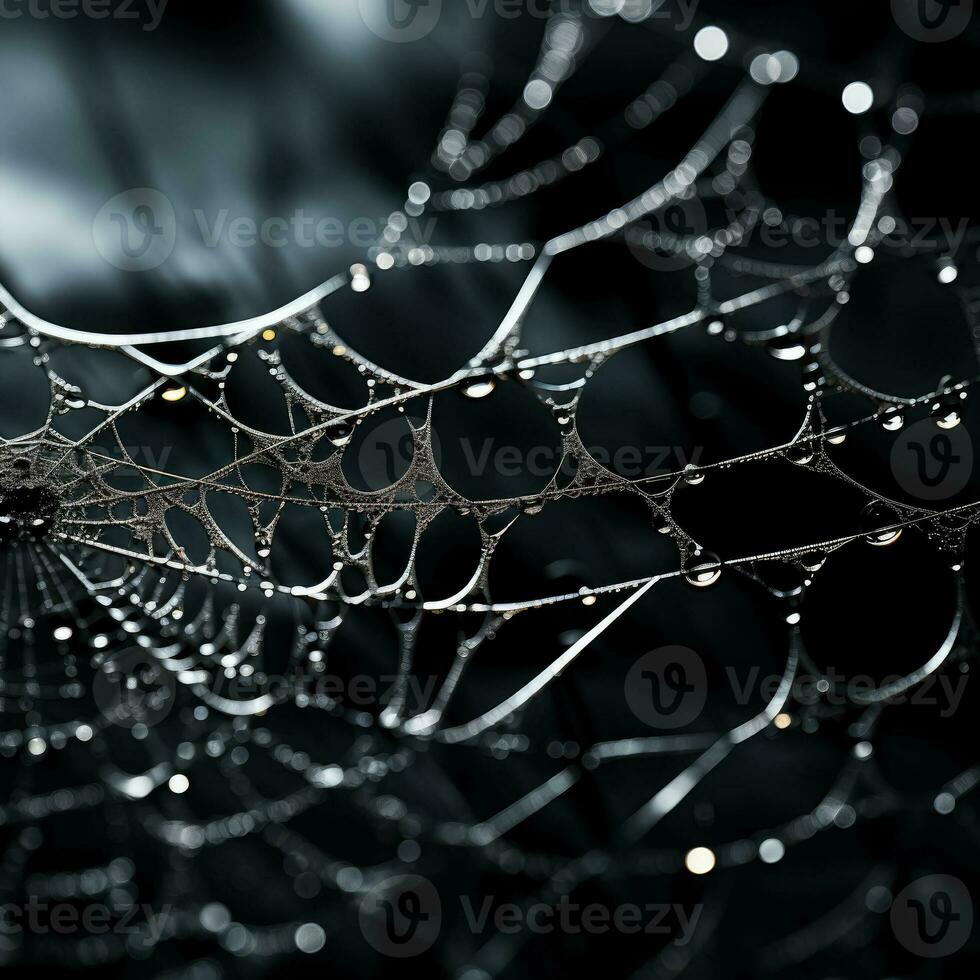 Intricate silver spider webs delicately intertwined casting shadows on a brooding charcoal background photo