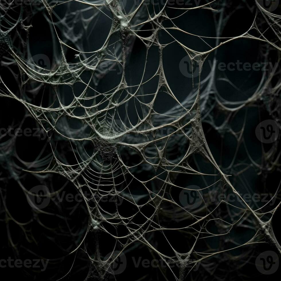 Intricate silver spider webs delicately intertwined casting shadows on a brooding charcoal background photo