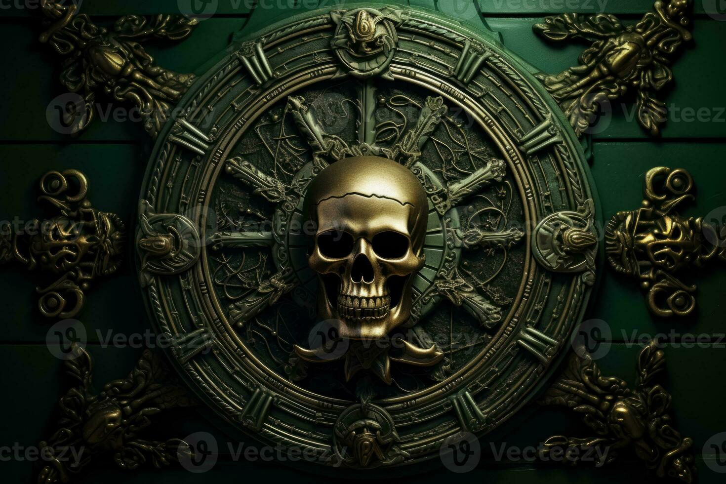 A menacing skull and crossbones carved in low relief on a dark green background offering room for captivating text photo