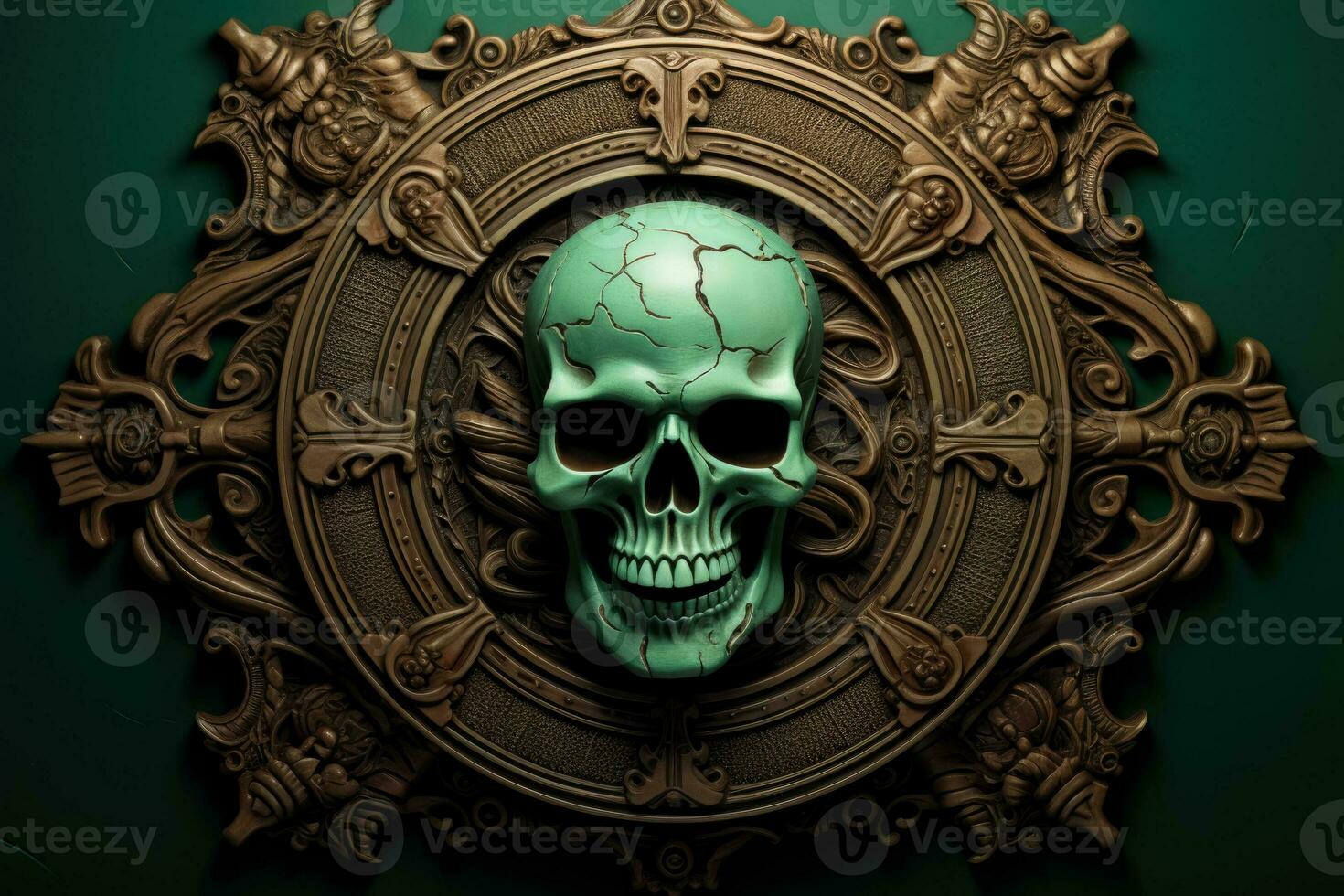 A menacing skull and crossbones carved in low relief on a dark green background offering room for captivating text photo