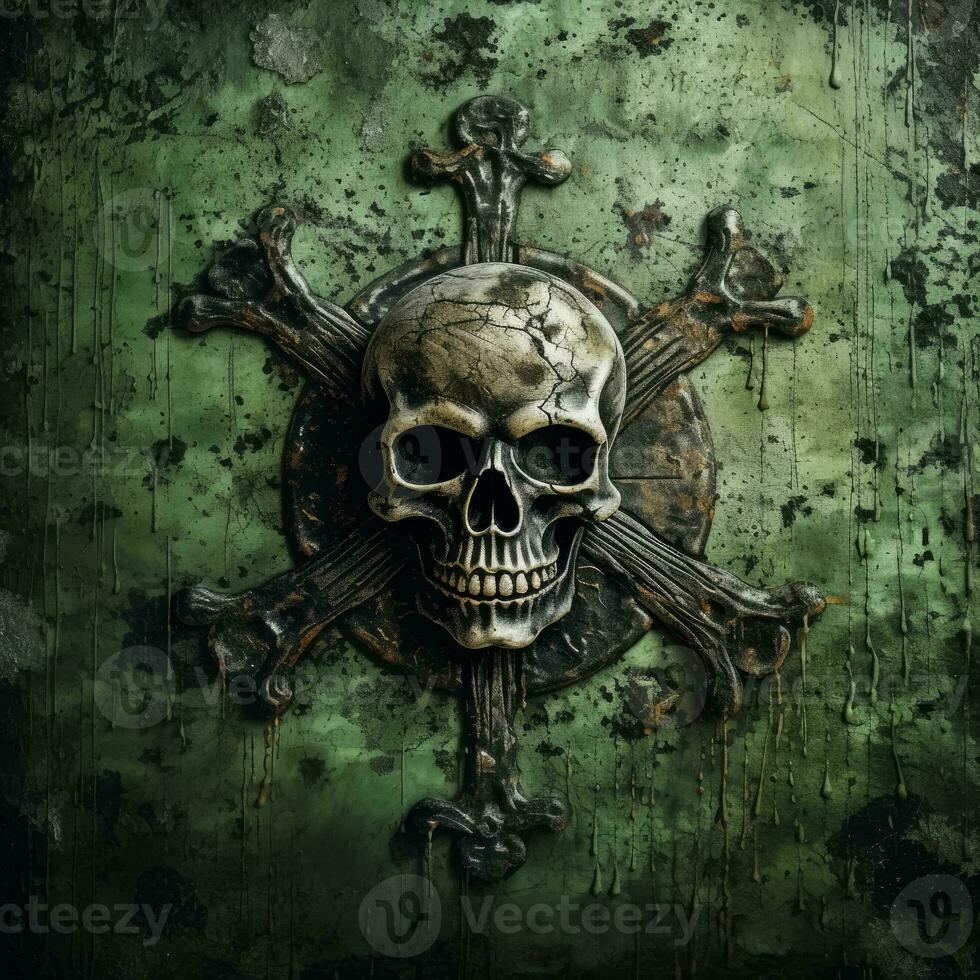 A menacing skull and crossbones emerge from a weathered green backdrop symbolizing danger and adventure photo