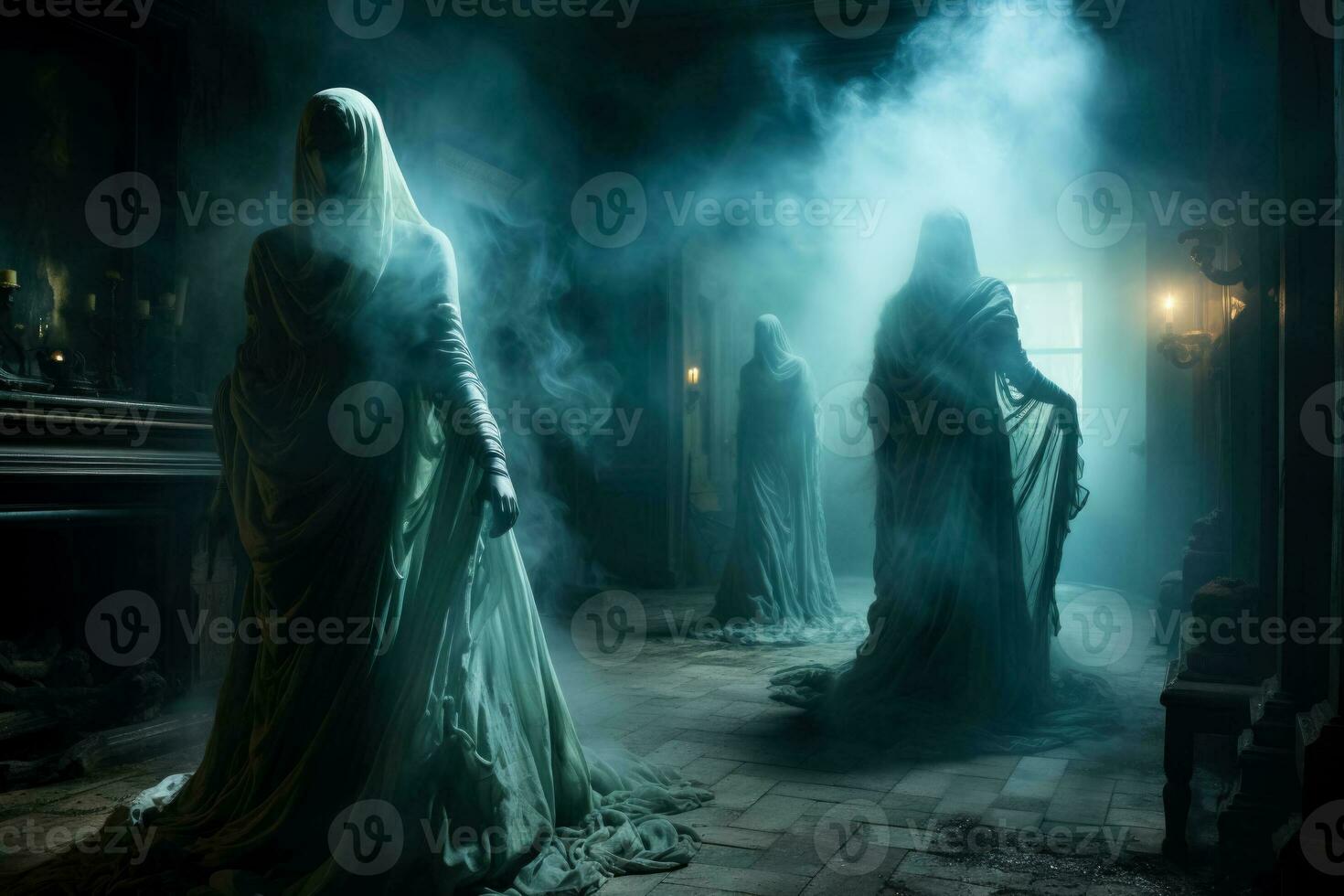 Ghostly apparitions emerge from the shadows their ethereal glow illuminating a dimly lit room with an eerie smoke effect photo