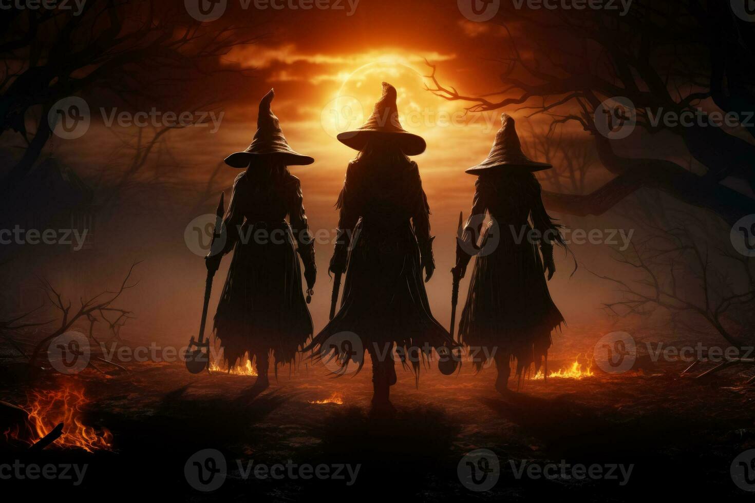 A group of mysterious witch silhouettes emerge from the shadows against a hauntingly beautiful moonlit sky photo