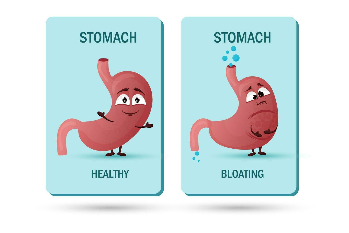 Cartoon stomach character. Concept of healthy and diseased internal organ, bloating and constipation. Vector illustration