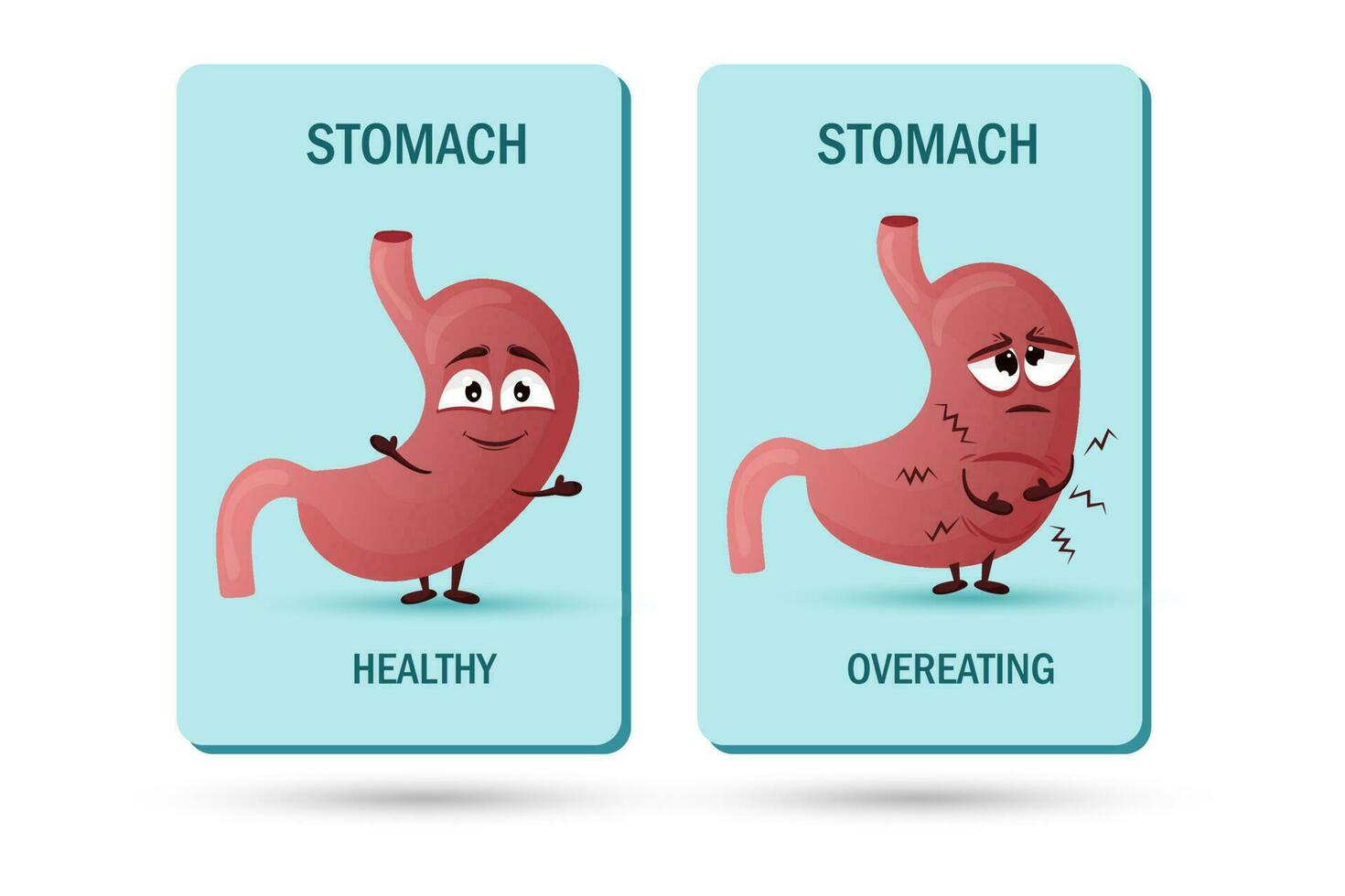 Cartoon stomach character. Concept of healthy and diseased internal organ, overeating, pain and heaviness. Vector illustration