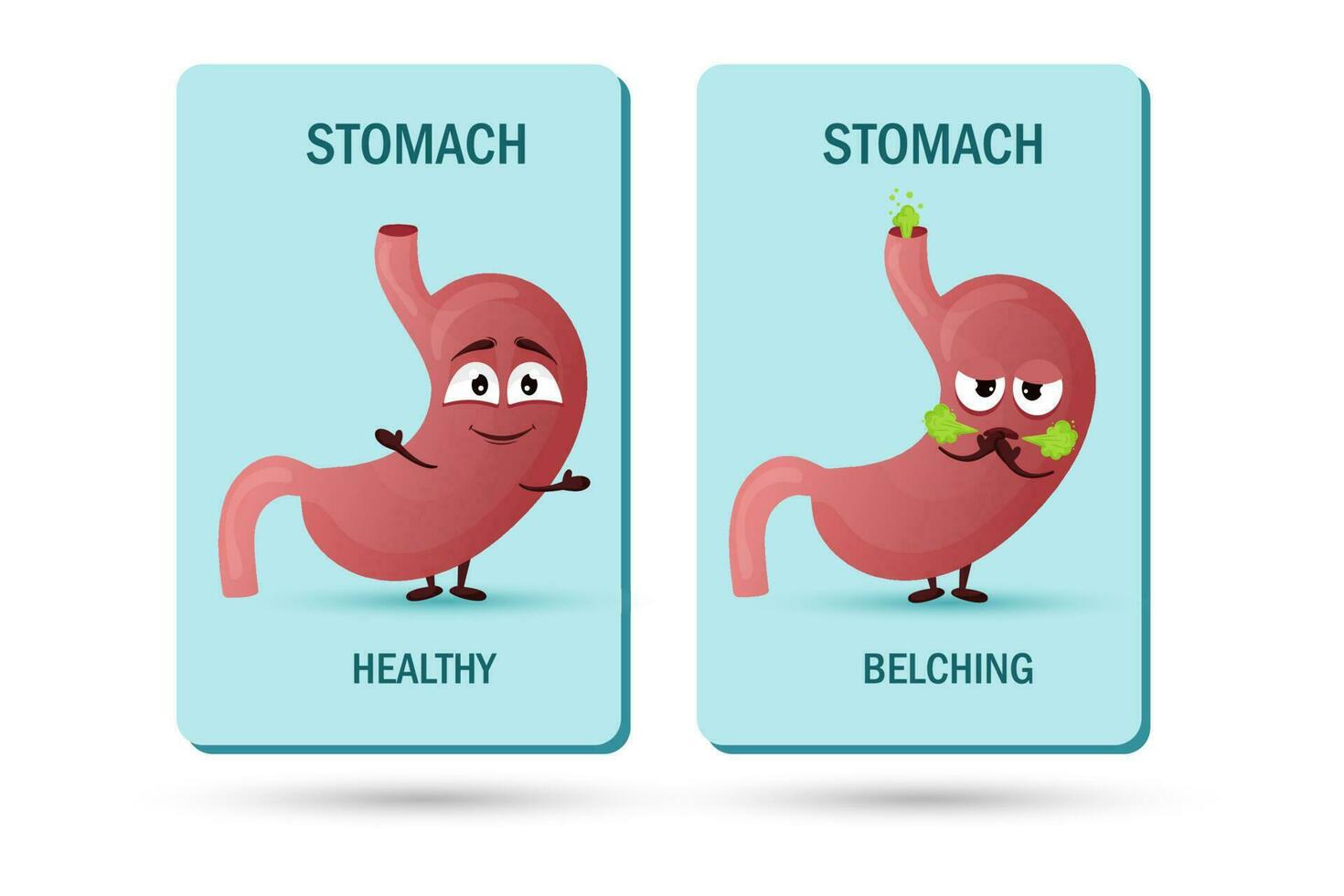 Cartoon stomach character. Concept of healthy and diseased internal organ, heartburn and belching. Vector illustration