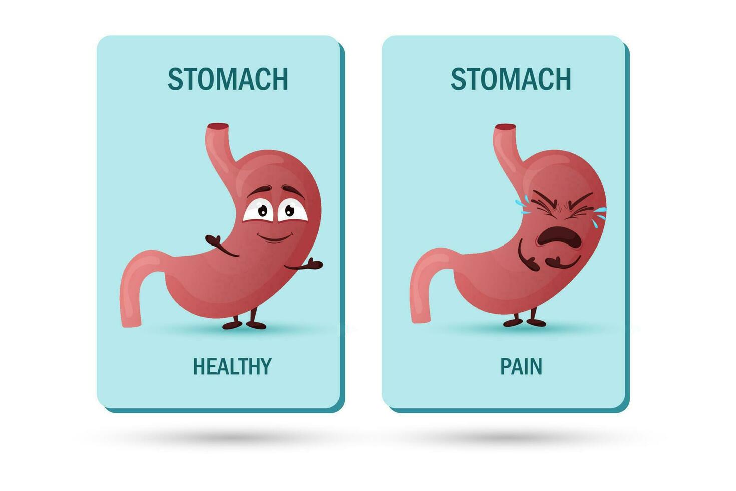 dibujos animados estómago personaje. concepto de sano y enfermo interno Organo, emoción de dolor. vector ilustración