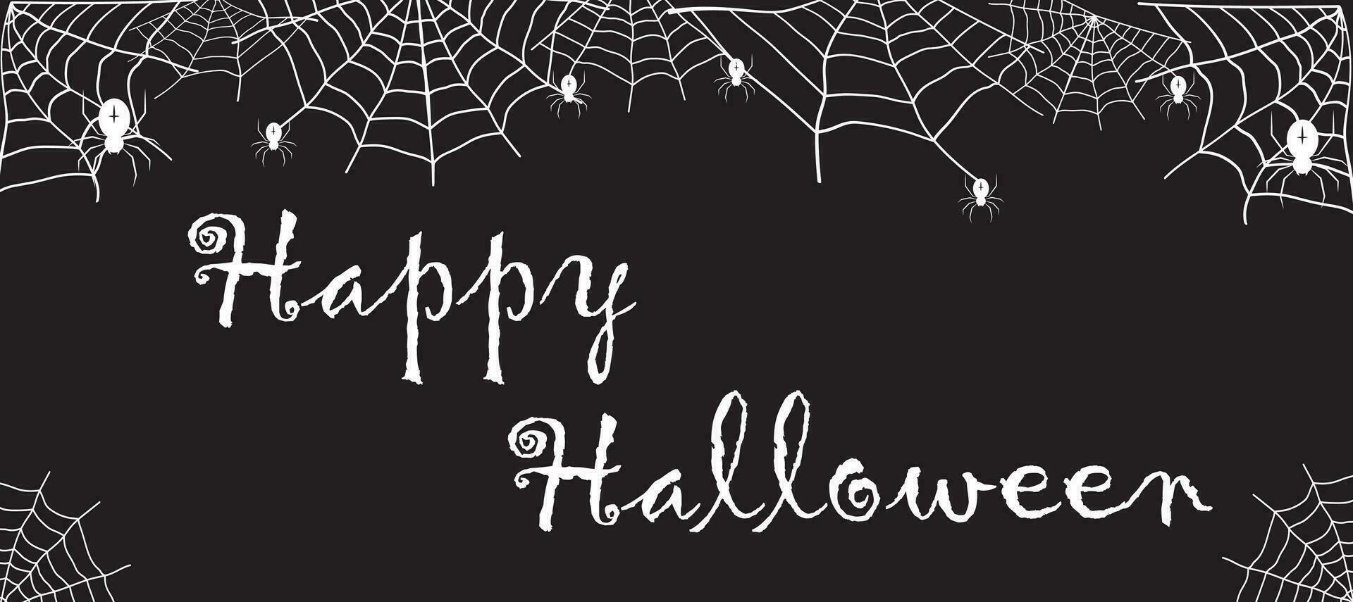 Lettering Happy Halloween. Card with spiders in cobwebs. Illustration  for holiday design, decorations, cards, banner vector