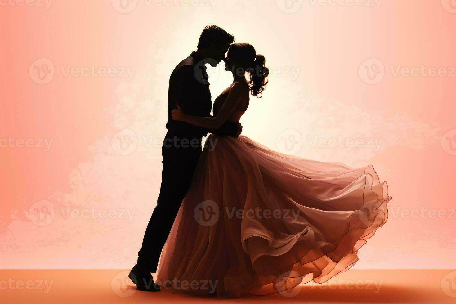 novia y novio compartiendo un oferta danza aislado en un romántico degradado antecedentes foto