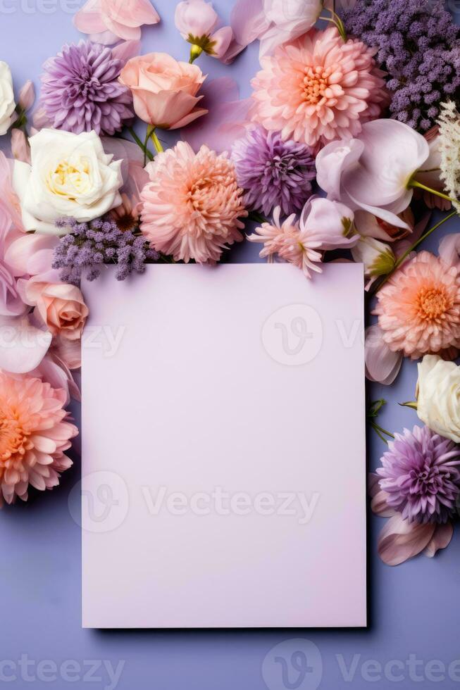 Lovely pastel-colored wedding invitations spread out background with empty space for text photo