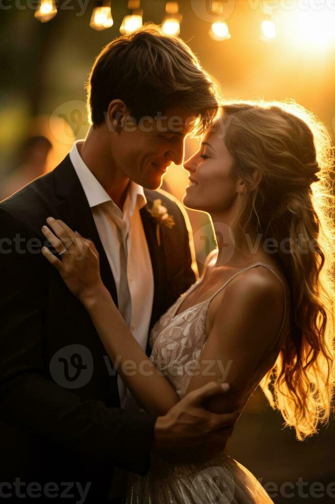 Bride and grooms first dance bathed in golden light eyes locked in endless love photo