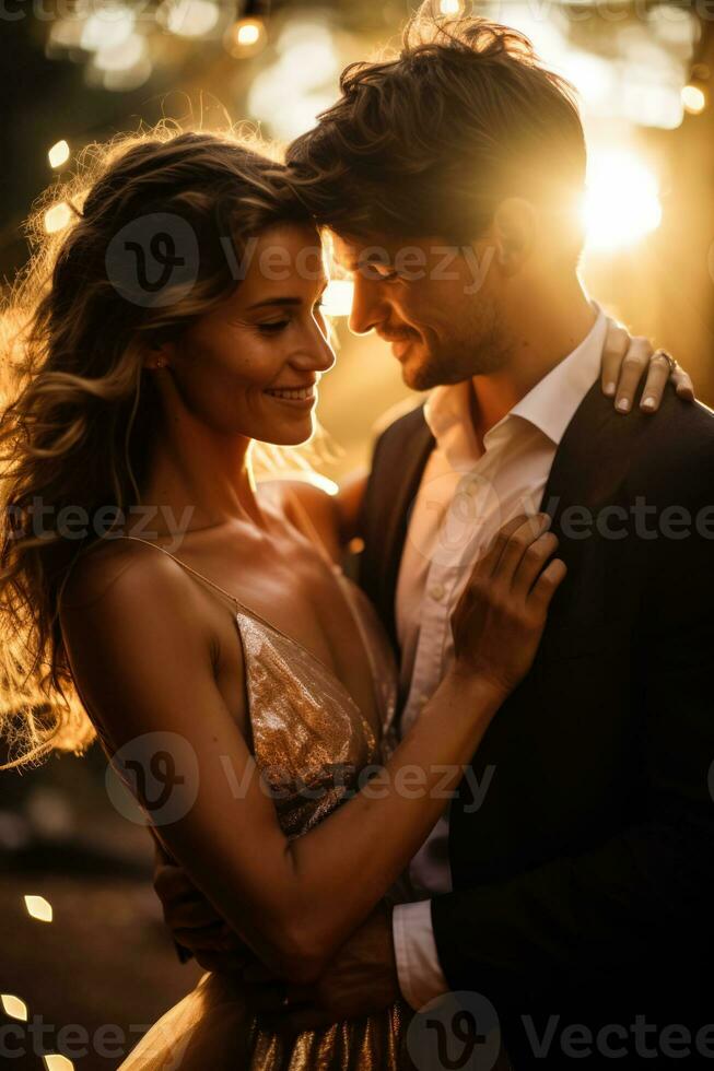 novia y novios primero danza bañado en dorado ligero ojos bloqueado en interminable amor foto