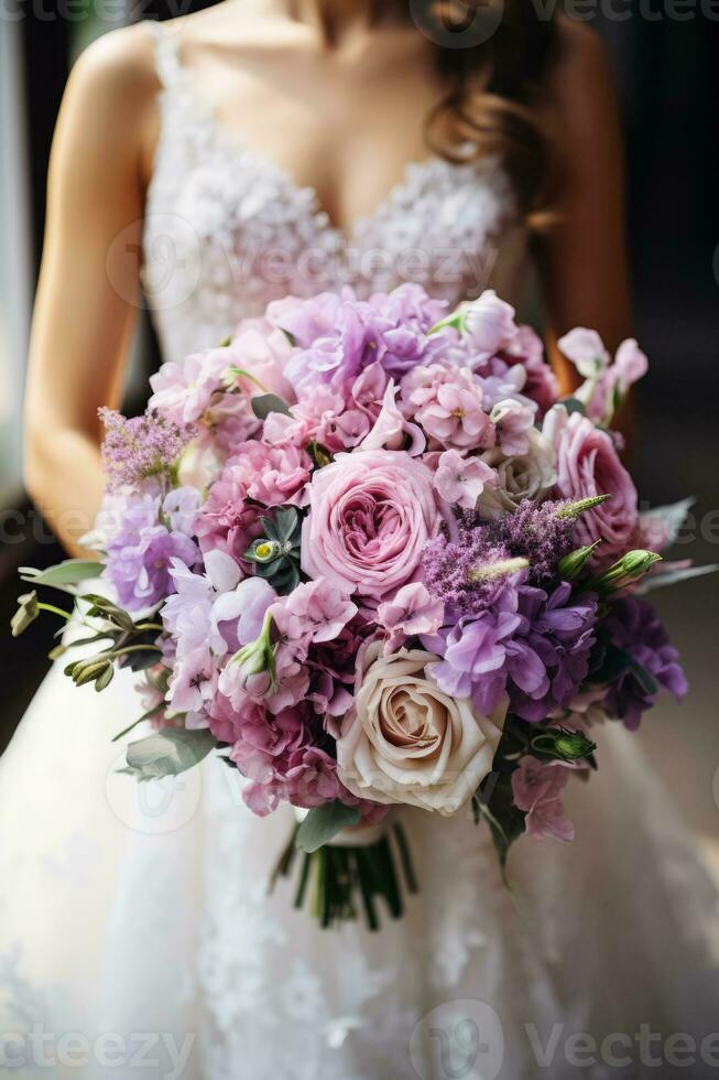 Close-up of a beautiful brides stunning floral wedding bouquet details photo