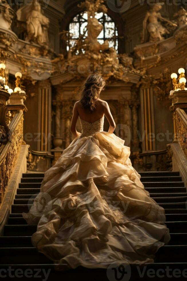 Bride in a vintage wedding dress descends an opulent time-worn gilded staircase photo