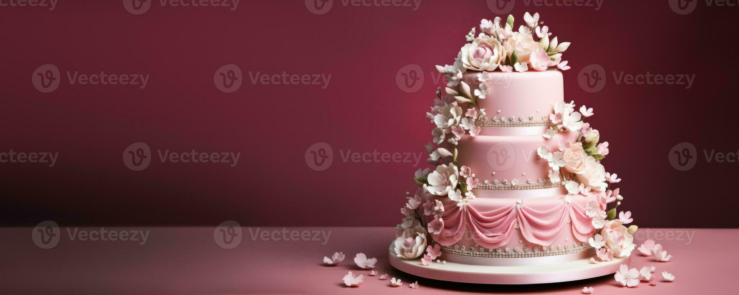 Three-tier elegant wedding cake with delicate edible decorations isolated on a pink gradient background photo