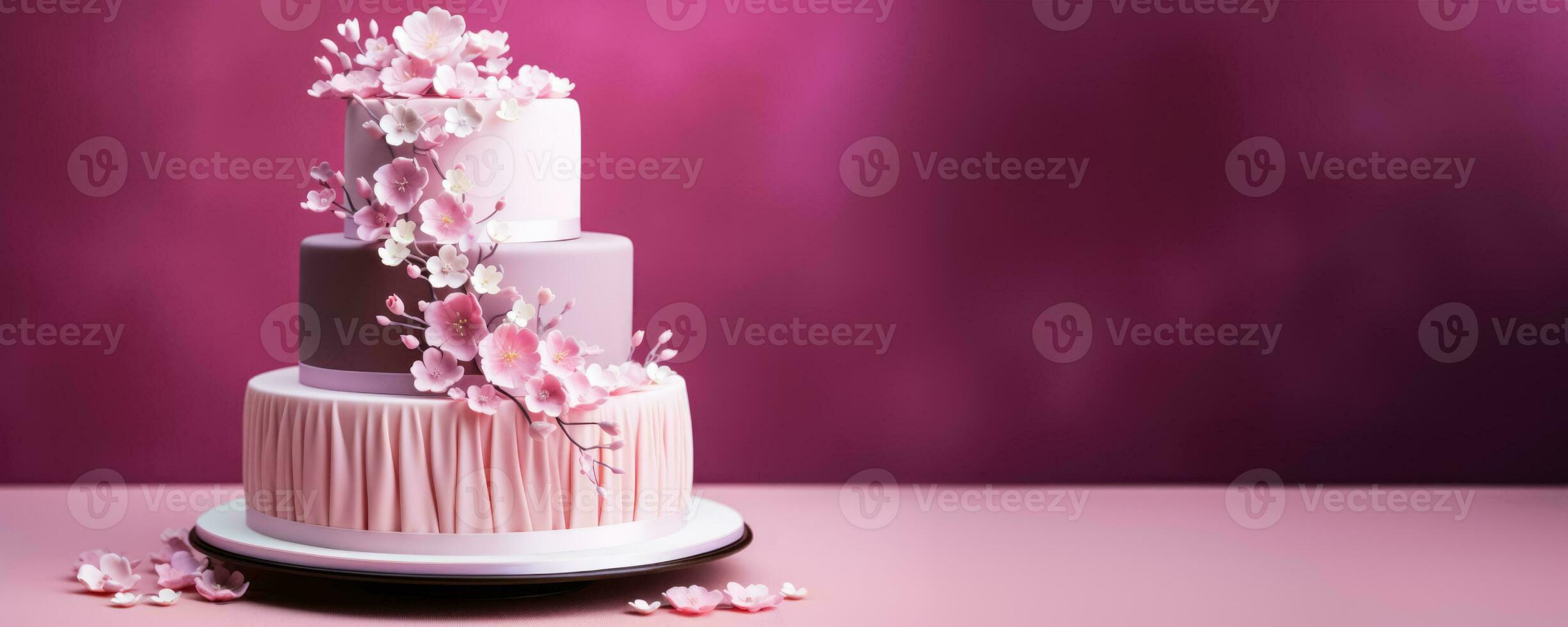 Three-tier elegant wedding cake with delicate edible decorations isolated on a pink gradient background photo